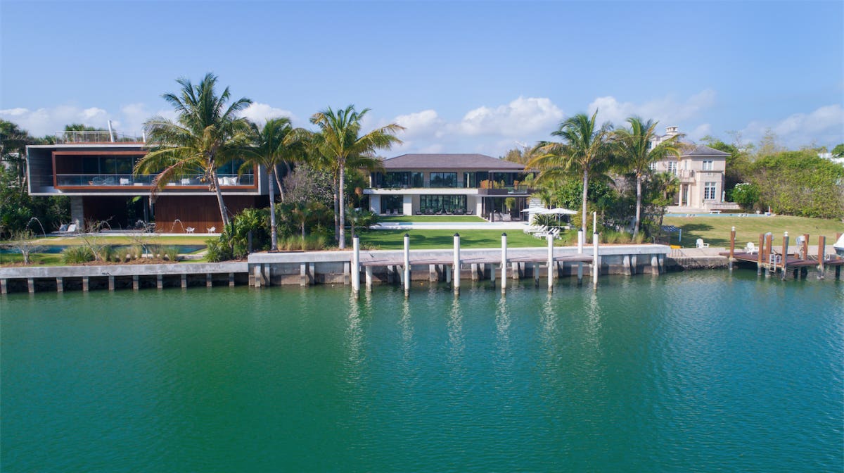The Miami Beach estate sits on a waterway.