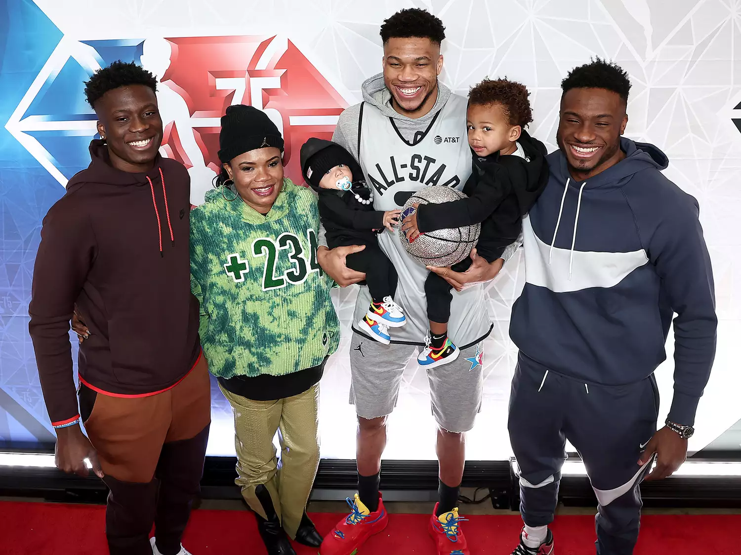 Alex Antetokounmpo, Vero-Charles Adetokunbo, Maverick Shai Antetokounmpo, Giannis Antetokounmpo, Liam Charles Antetokounmpo, and Thanasis Antetokounmpo are seen during NBA x HBCU Classic Presented by AT&T as part of the 2022 All-Star Weekend