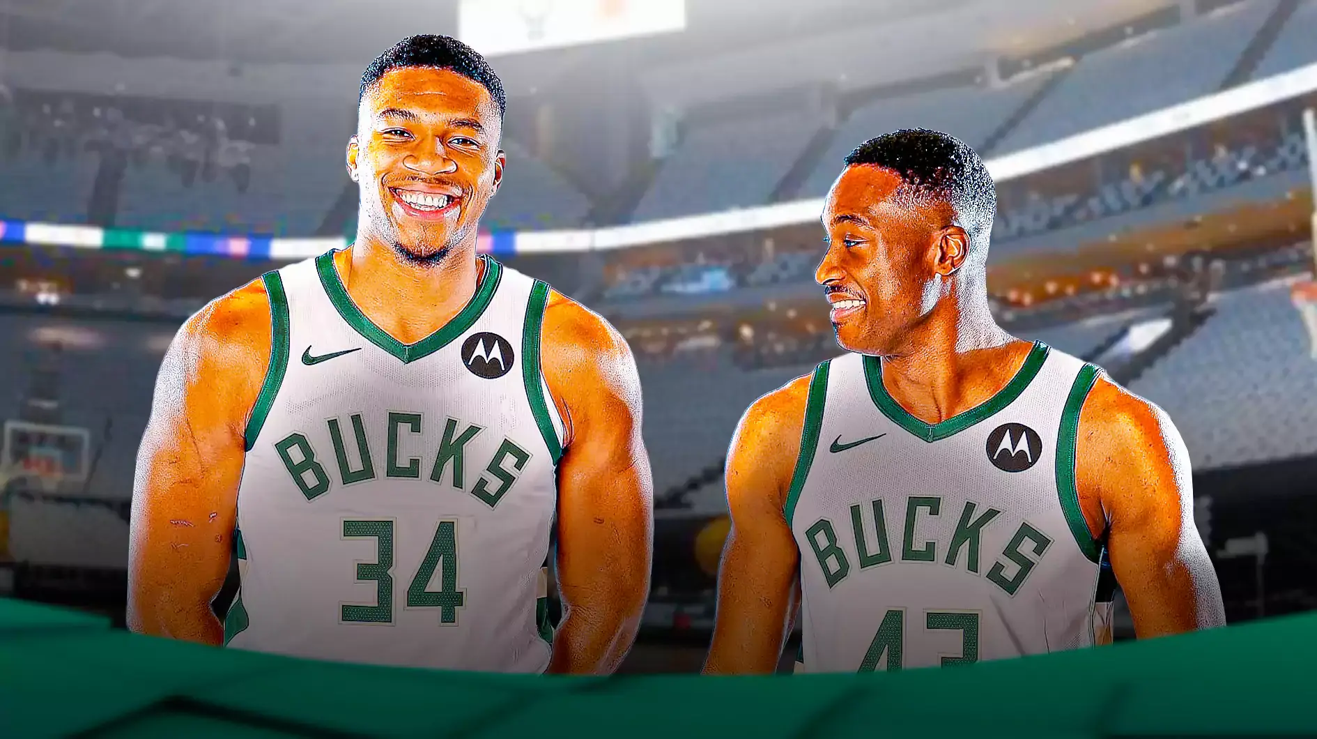 Bucks, Giannis Antetokounmpo, Thanasis Antetokounmpo, Giannis Antetokounmpo Bucks, Thanasis Antetokounmpo Bucks, Giannis and Thanasis Antetokounmpo laughing together in Bucks unis with Bucks arena in the background