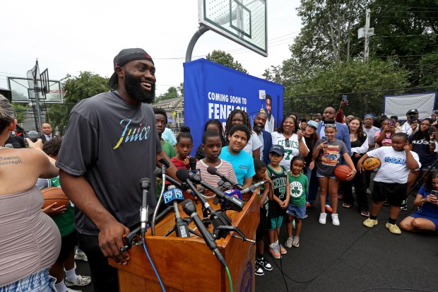 Boston Celtic Jaylen Brown speaks as Jaylen, the Mayor and others celebrate the new basketball court at the Fenelon St. Playground on July 21, 2023 in , BOSTON, MA. (Stuart Cahill/Boston Herald)