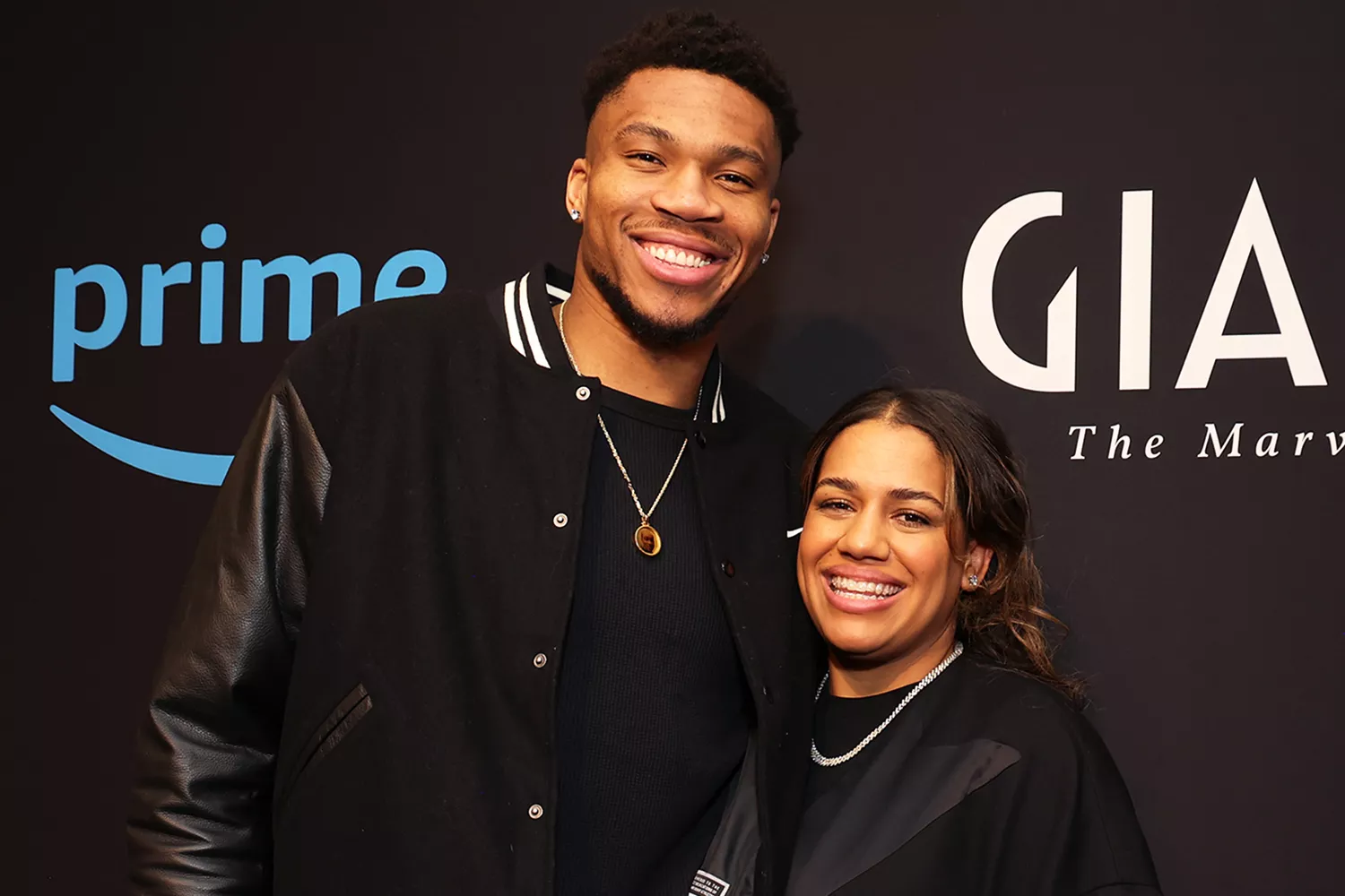 Giannis Antetokounmpo and Mariah Riddlesprigger attend "Giannis: The Marvelous Journey" World Premiere on February 17, 2024 in Indianapolis, Indiana.