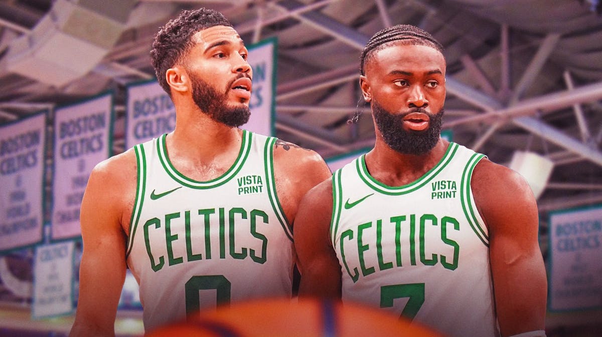 Celtics Jaylen Brown and Jayson Tatum after advancing to NBA Finals vs Pacers