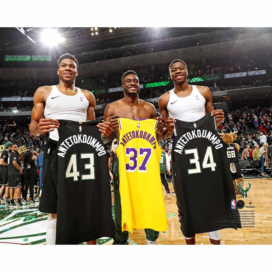 Thanasis Antetokounmpo Giannis Antetokounmpo and Kostas Antetokounmpo Unsigned Jersey Swap Photograph