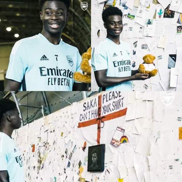 Arsenal built a wall filled with messages of support from fans for Bukayo Saka as he returned for pre-season. His reaction was priceless : r/ArsenalFC